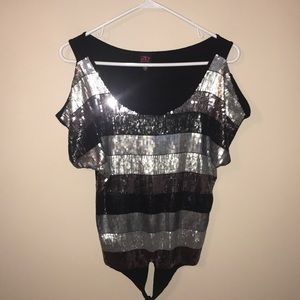 Sequin BeBe Cut-Out Shoulder Shirt